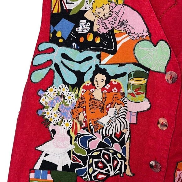 Judy Waltz Joy In Design Vintage Womens Vest Size XL Red Handmade Applique Linen - Picture 9 of 10